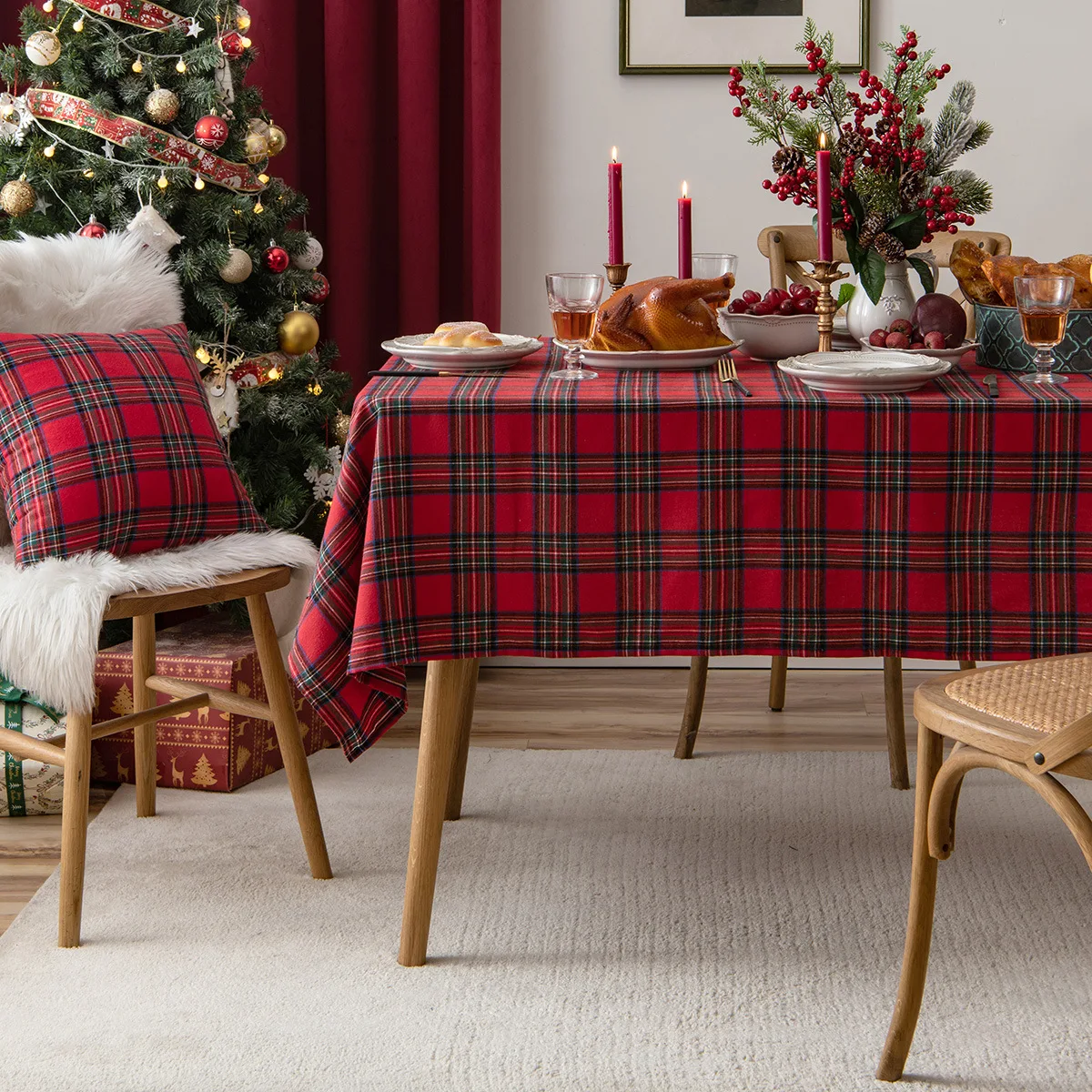 Christmas Tartan Plaid Tablecloth Cotton Grid Gingham Table Cover for Kitchen Dining Room Restaurant Party Decoration Gift