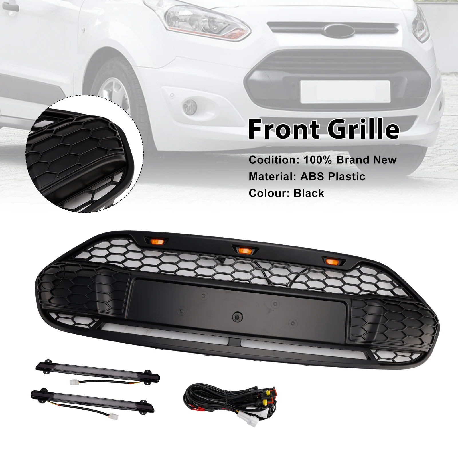 Artudatech Black Front Bumper Grille Grill Fit for Ford Transit Connect 2014 2015 2016 2017 2018 W/LED Car Accessories