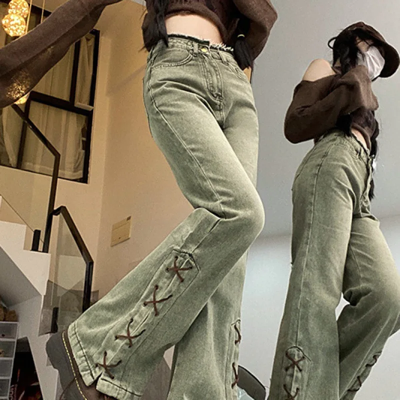 

Retro Fashion Women High Waist Jeans Green Design Wide Leg Straight Loose Denim Trousers Y2K Pants