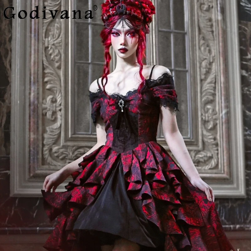 

Women's Lolita Party Dress Gothic Black Red Jacquard Off Shoulder Ruffle Halloween Dress Summer Girls Sweet Carnival Dress