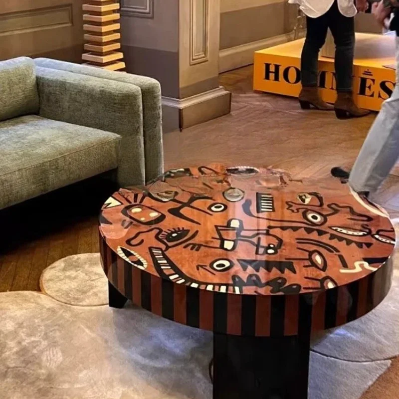 

Solid wood medieval painting art coffee table creative painting living room senior round