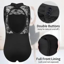 Girls Turtleneck Flower Lace Neckline Ballet Dance Leotard for girl Dance Gymnastics with Soft Front Lining and Hollow Back