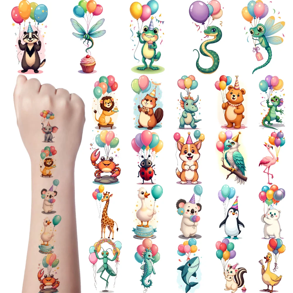 54pcs Kawaii Temporary Tattoo Kids Birthday Party Balloon Tiger Lion Tattoo Stickers Waterpfoof Cute Animal Body Arm Fake Tattoo