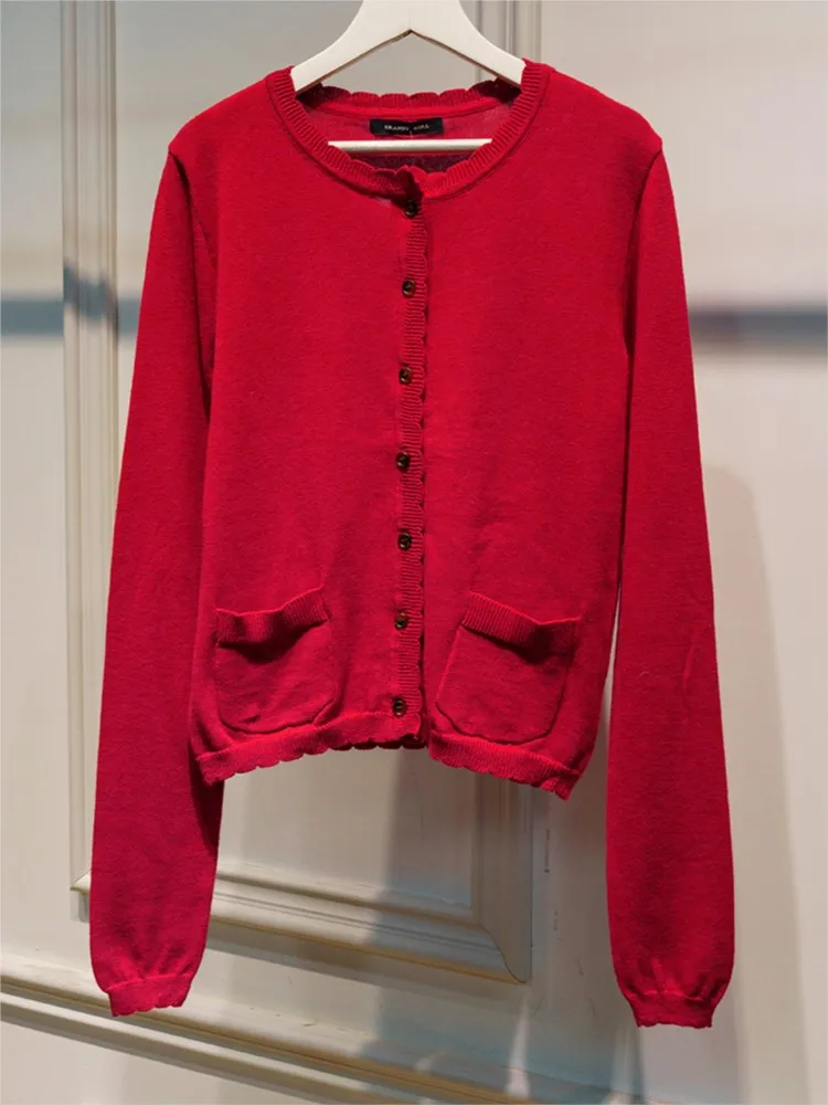 عيد الميلاد جيوب حمراء ضئيلة سترة مشغولة من الصوف امرأة س الرقبة طويلة الأكمام القطن البلوزات الحلو نمط Preppy تريكو معطف القمم