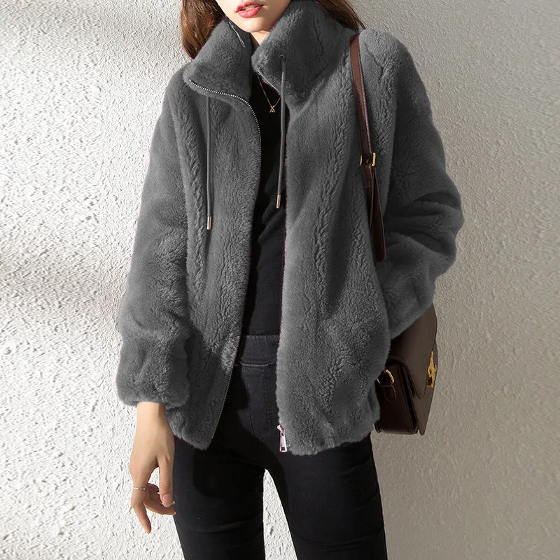 Women's Winter Double-sided Coral Fleece Warm Coat (Stand-up Collar Design) Thickened And Fleece For Casual Daily Wear