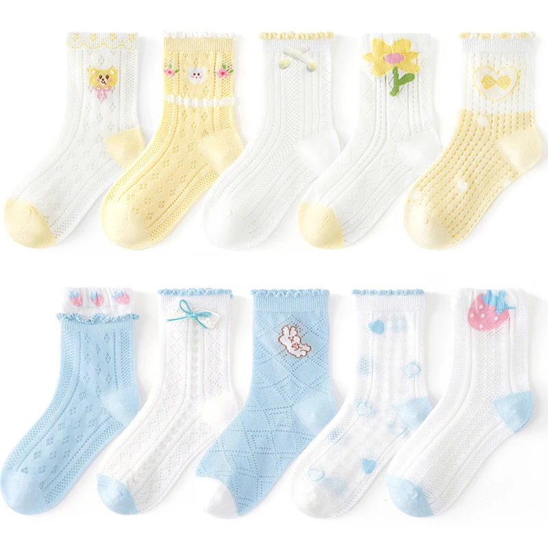 5 Pairs Cotton Childrens Mesh Socks Soft Thin Summer Sock Kids Baby Candy Color Sock Girls Breathable Flower Casual Cute Socken