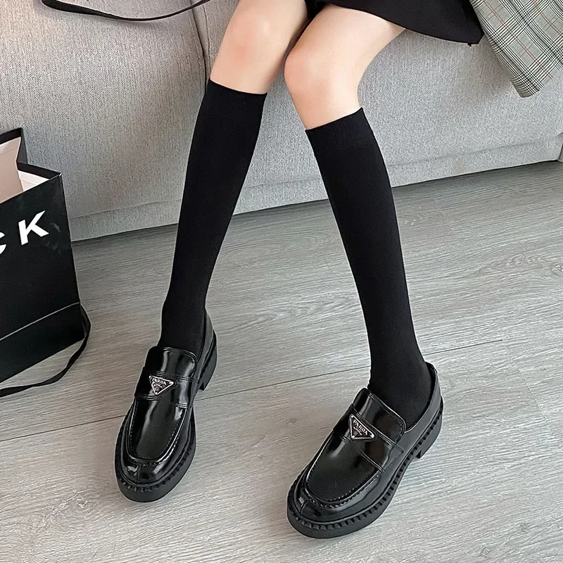 Women Stockings College Style Knitted Cotton Knee Socks JK School Girls Solid Color Black White Gray Long Socks Stockings Women