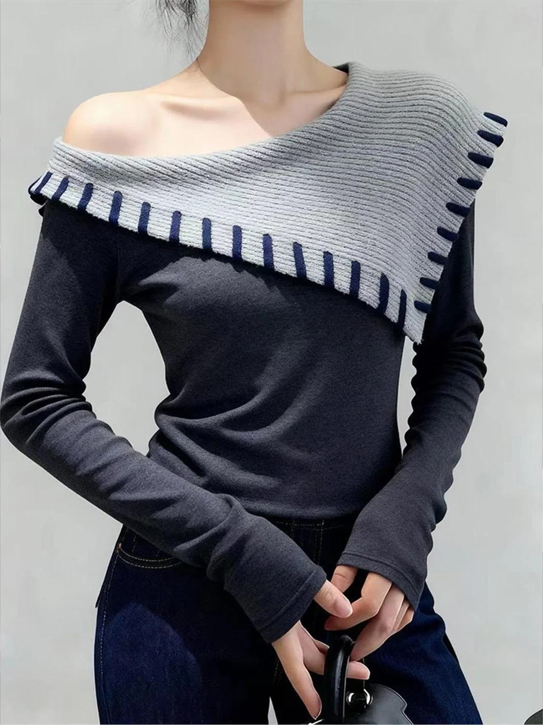 Fleece Lined Brushed Finish Irregular Color Block Shoulder Baring Base Shirt Women's Inner Wear Autumn Winter Sweet Spicy Gir...