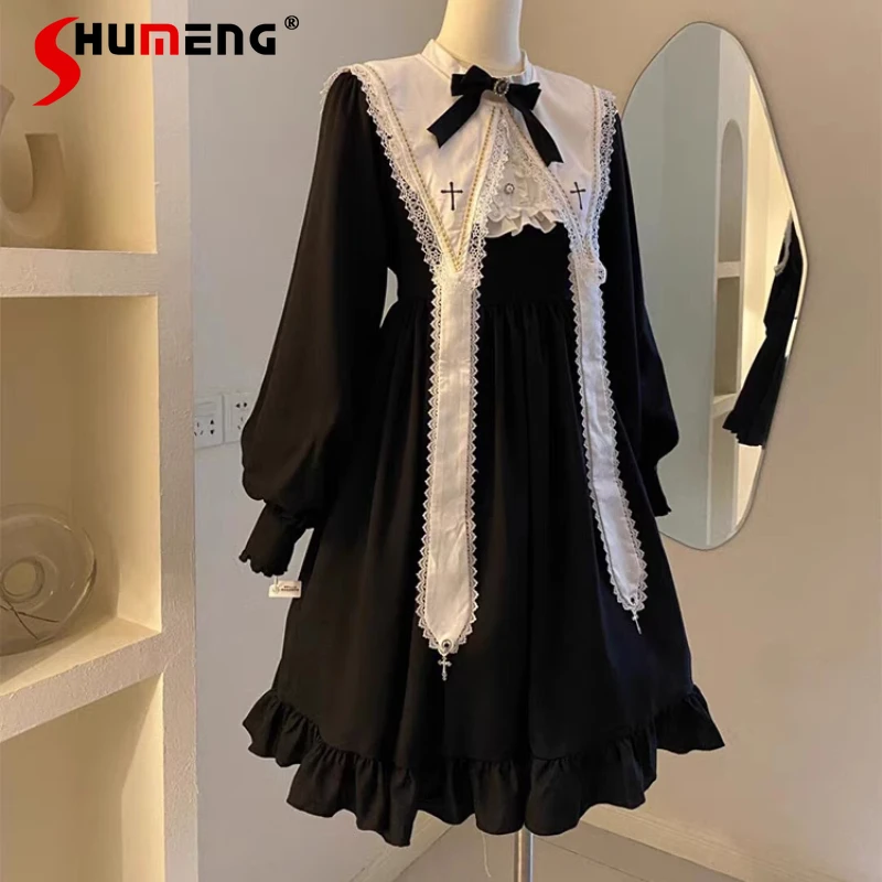 

Japanese Goth Dark Girl Lolita Long Sleeves Dress Black Doll Sense Detachable Collar Op Dresses Elegant Y2k Knee Length Vestidos