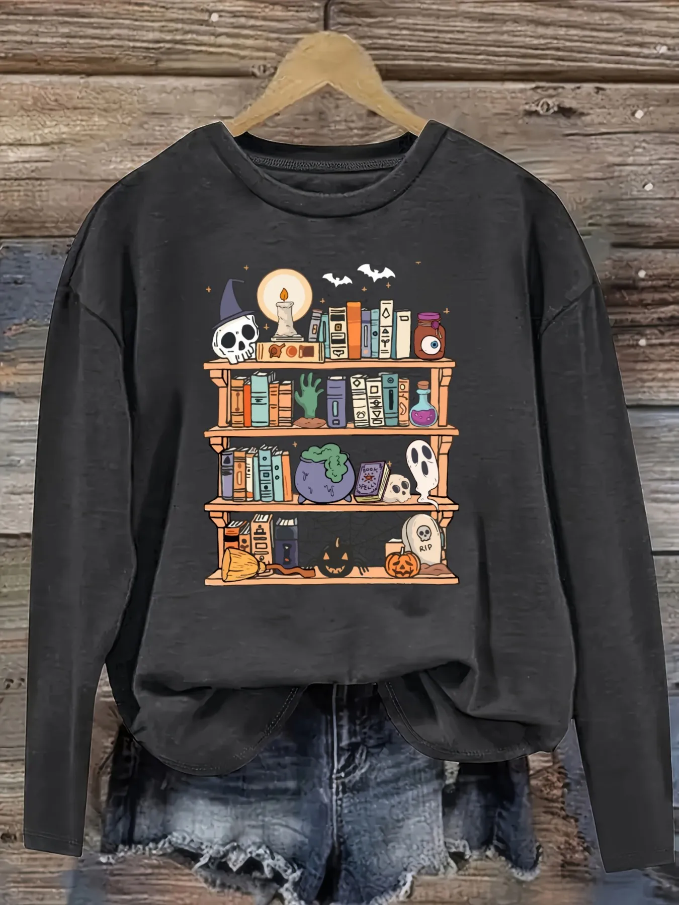 Women's Casual Long Sleeve Crew Neck T-Shirt Halloween Bookshelf With Skull Books Design, Round Neck Women's Clothing, Machine Washable, Slightly Elastic, Loose Fit, Spring Autumn Winter Women's T-Shirt, Halloween Costume Outfit view 2