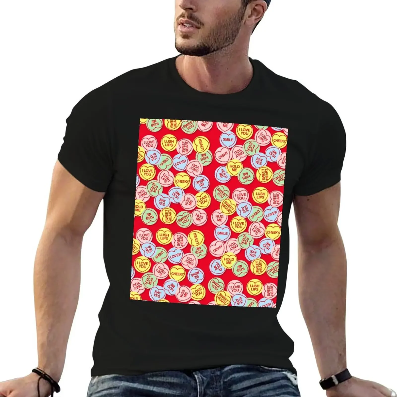 

love hearts red background T-Shirt Anime t-shirt croswit shirt man Aesthetic clothing sublime t shirts for men