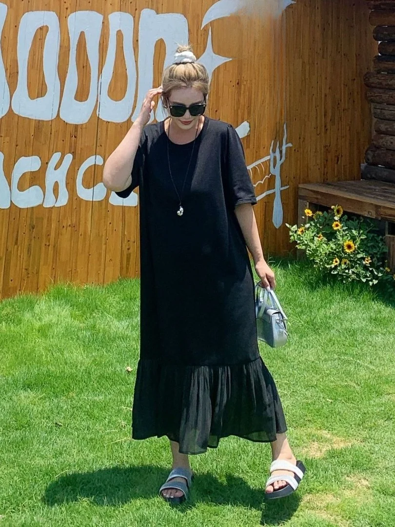 

Женское повседневное свободное платье-русалка больших размеров (до 300 фунтов), с коротким рукавом, летнее, длинное, комфортное, в корейском стиле, А-силуэт