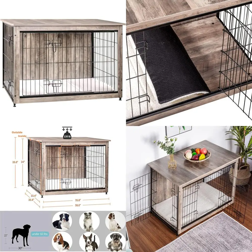 

Large Indoor Wooden Dog Crate with Cushion and Double Doors, DWANTON Furniture, 38.5 L, Greige