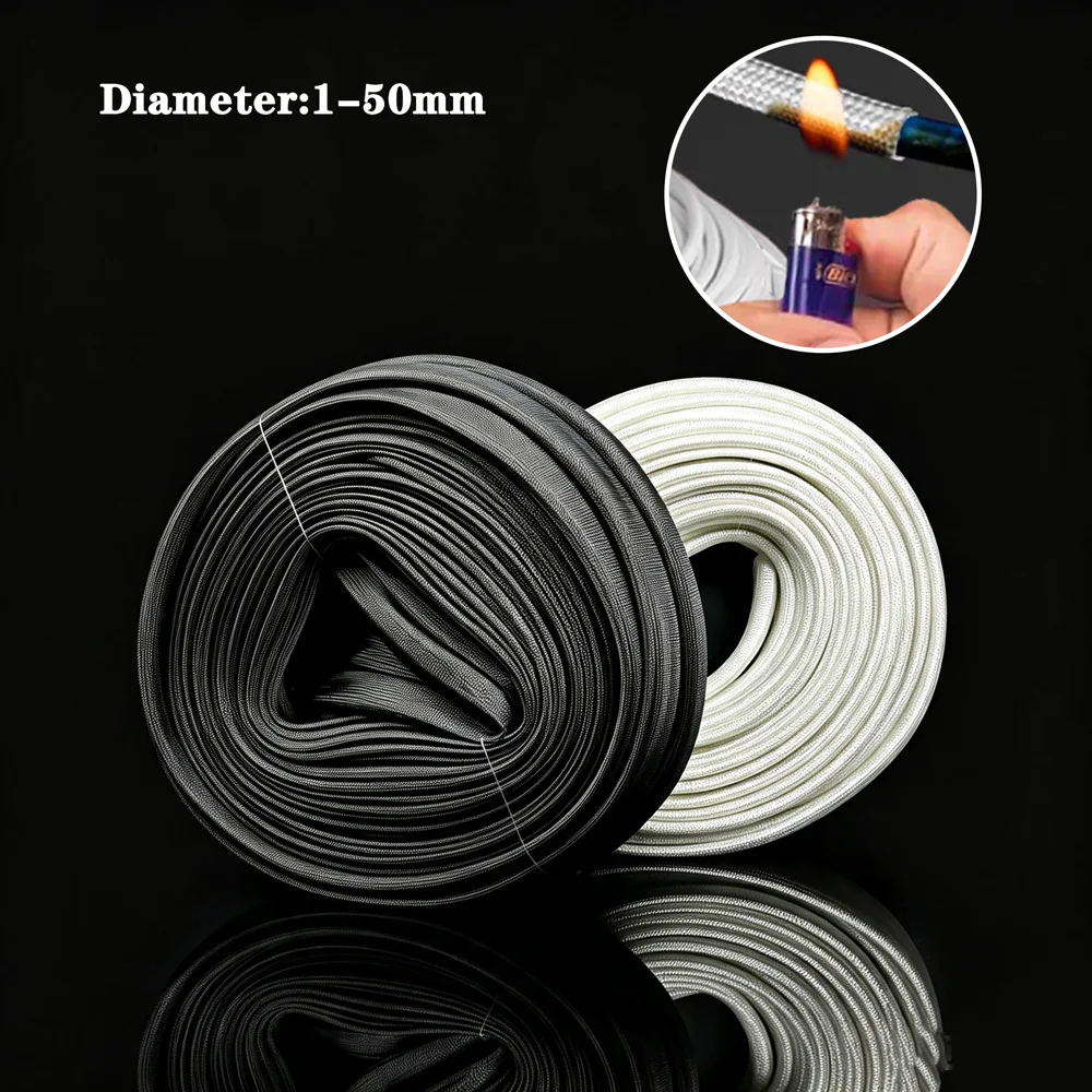 1-5M Diameter 1-50mm Black/White 600℃ High Temperature Braided Soft Fiber Tubing Insulation Cable Sleeving Fiberglass Tube