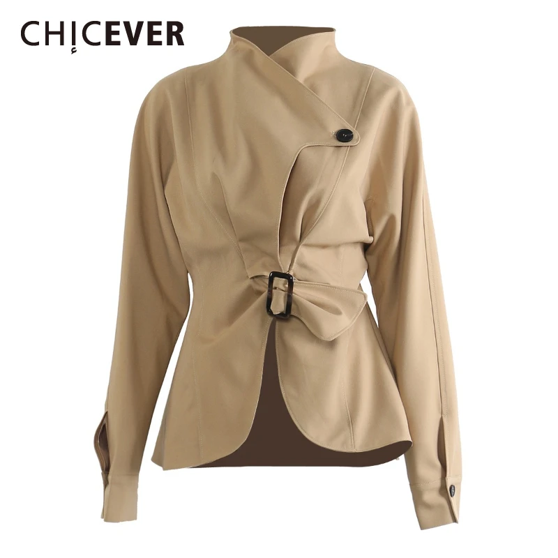 

CHICEVER Khakl Spliced Sashes Design Jacket Female Turtleneck Long Sleeve Loose Minimalist Retro Women's Jackets Autumn Fashion