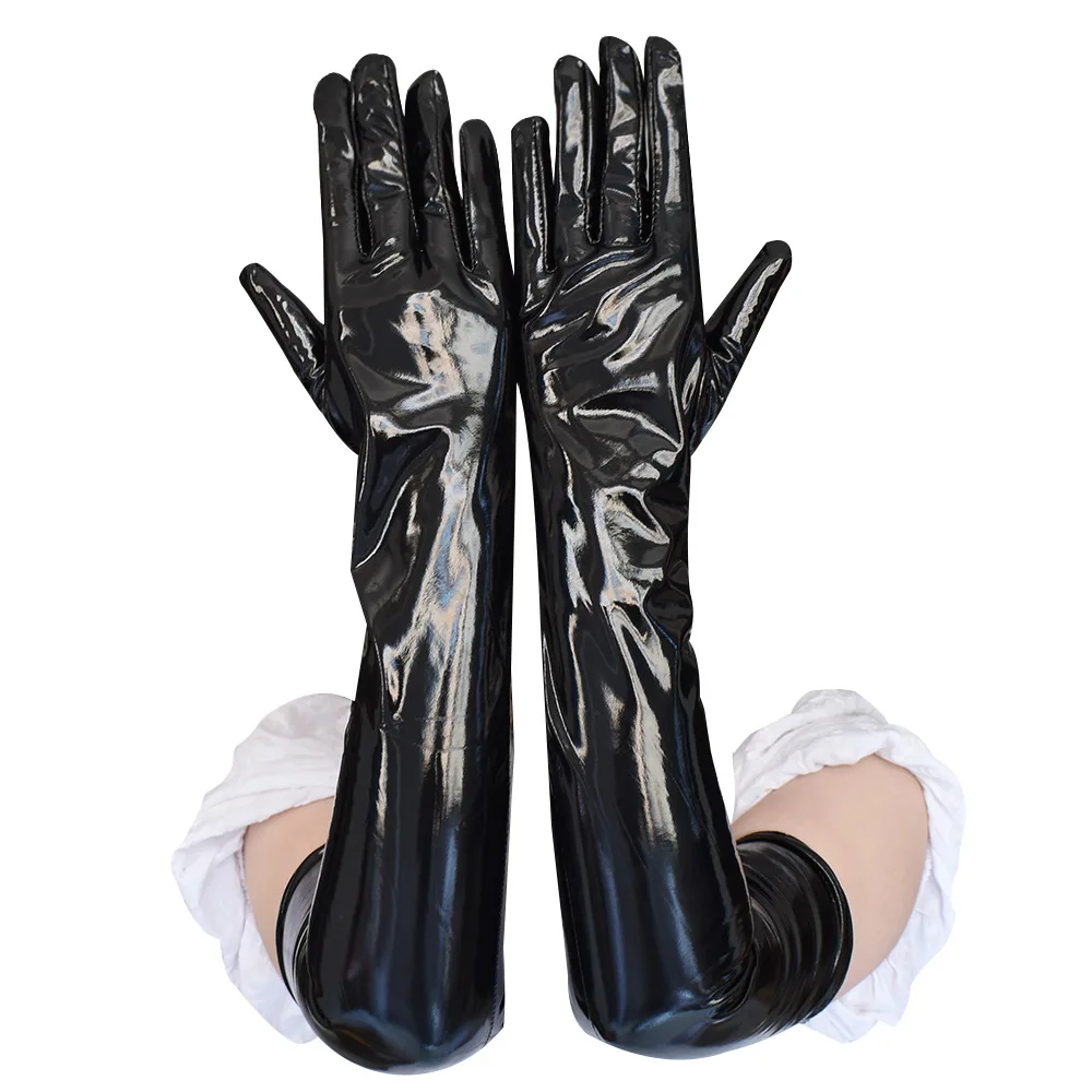 

Adult Sexy Long Black Latex Gloves Metallic Wet Look Faux Leather Gloves Clubwear Dance Catsuit Cosplay Accessory Mittens