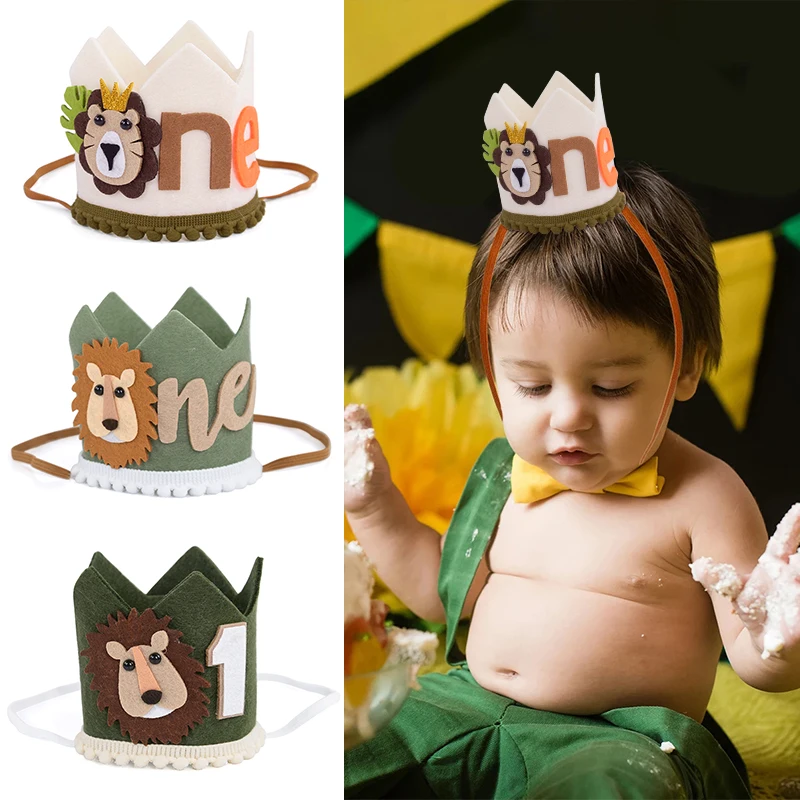 

1st Kids Jungle Safari Crown Hat Baby 1 Year Old Birthday Party Lion Headband Wild One Party Decoration Photo Props Baby Shower