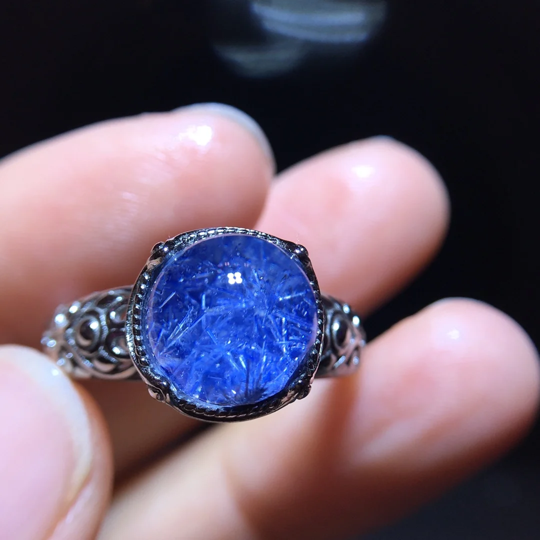 الطبيعية الأزرق Rutilated Dumortierite الكوارتز قابل للتعديل الدائري 9.7 مللي متر البيضاوي امرأة الرجال خاتم AAAAAAA #1