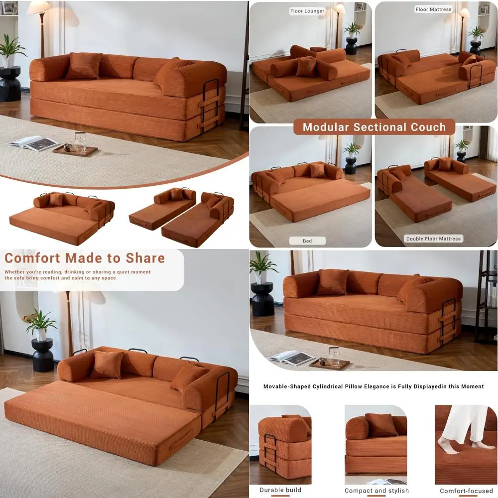 Convertible Sofa Bed, Corduroy Compressed Couch, Boneless Foldable Sleeper Sofa for Modular Comfort and Easy Storage