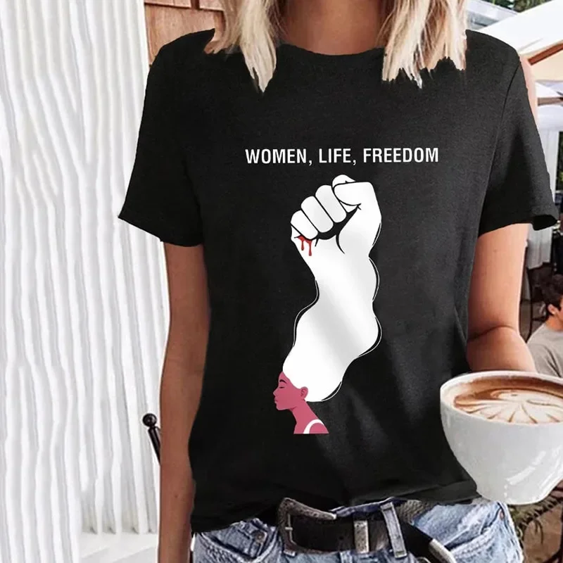 

Long Hair Women Life Freedom Letter Print T Shirt Women Short Sleeve O Neck Loose Tshirt Women Tee Shirt Tops Camisetas Mujer