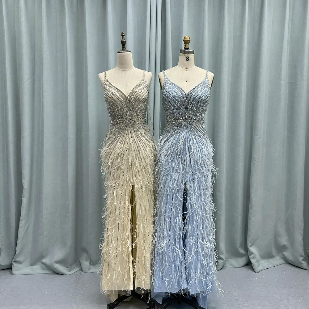 YQLNNE Luxury Blue Feathers Crystals Long Evening Dresses Straps Tulle Beaded Weddding Party Gown Vestidos