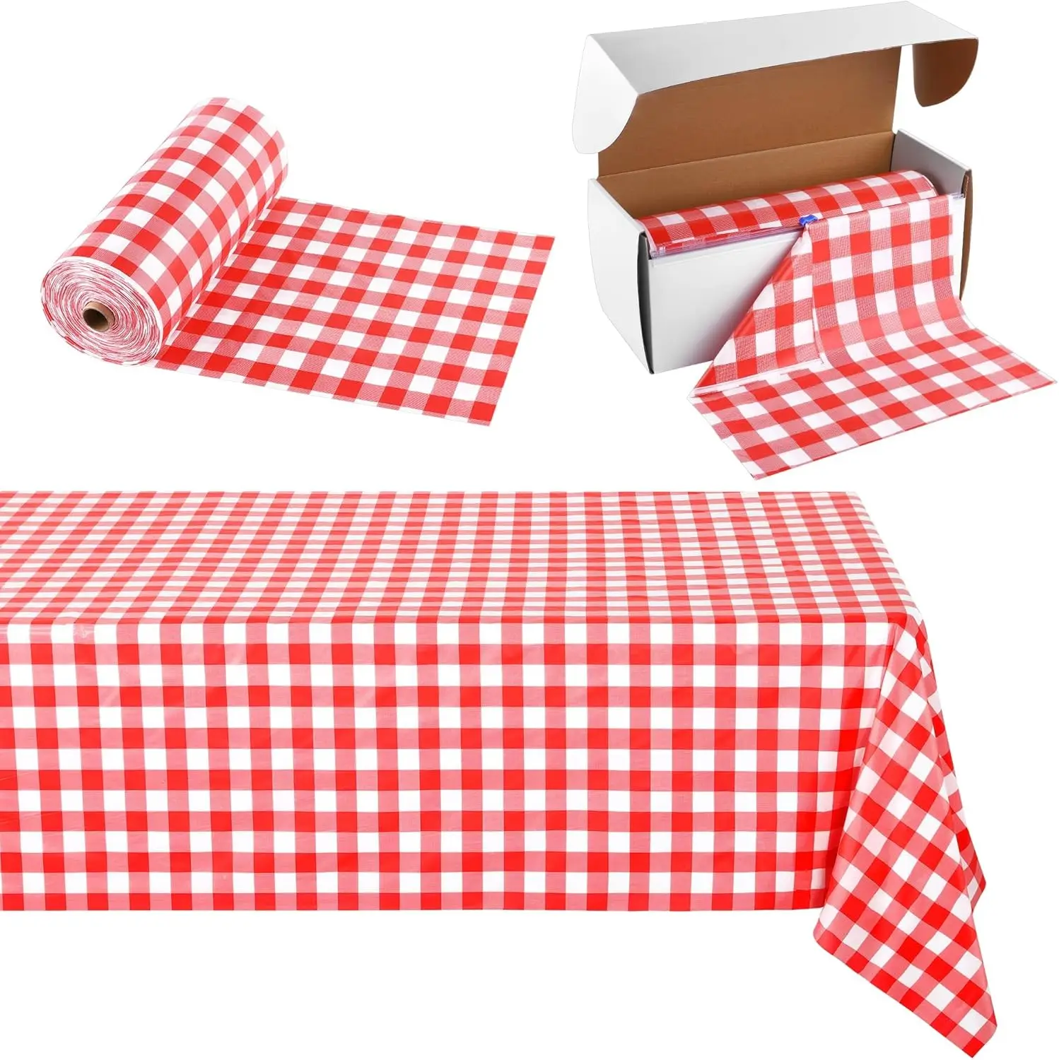 

54 Inch x 300 Ft Red Checkered Plastic Table Cloth Roll Disposable Waterproof Table Cover with Easy Slide Cutter for Outdoor Pic
