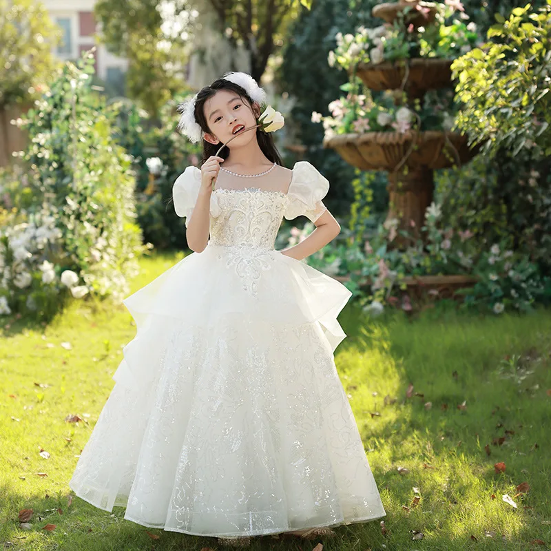 

Свадебное платье с цветочным узором для маленьких девочек, белое детское платье принцессы на день рождения, костюм для выступлений на фортепиано для девочек