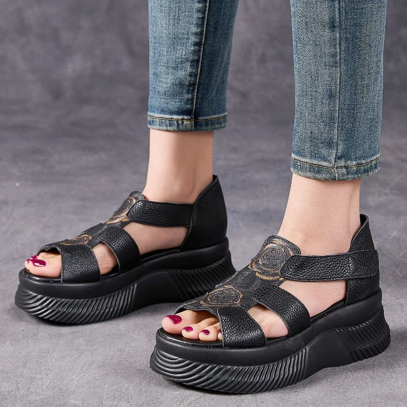 6cm Cow Genuine Leather Flats Mary Jane Elthnic Platform Wedge Peep Toe Comfy Hook Shoes Fashion Pumps Chunky Heels Women view 5