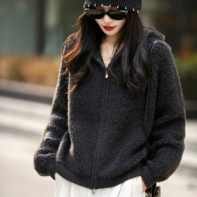 

25Th Autumn Winter New Wool Hooded Knitted Cardigan Zipper Long Sleeve Women'S Loop Pile Solid Color Soft Warm Top