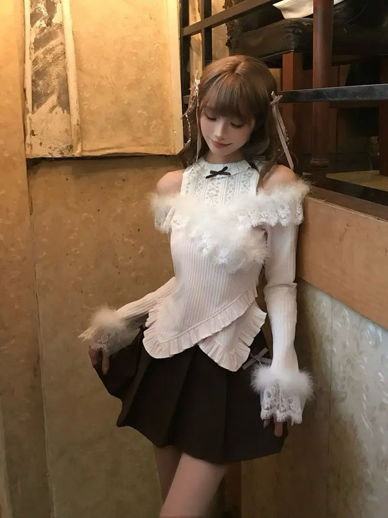 

Spring and Autumn Original Suit Kawaii Bow Off-Shoulder Hairy Sleeve Knitted Sweater Pleated Mini Skirt Sweet Girl Irregular Top