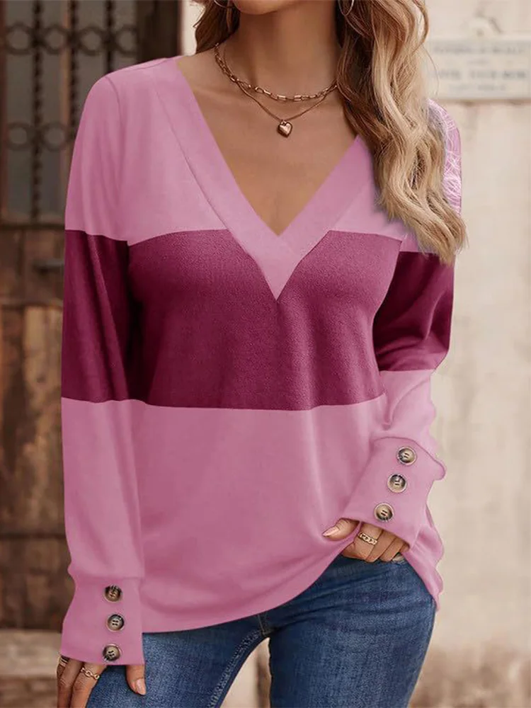 6 Color Blocked Striped Top Women\'s V-Neck Button Up Long Sleeve T-Shirt Spring Autumn Casual Pullover