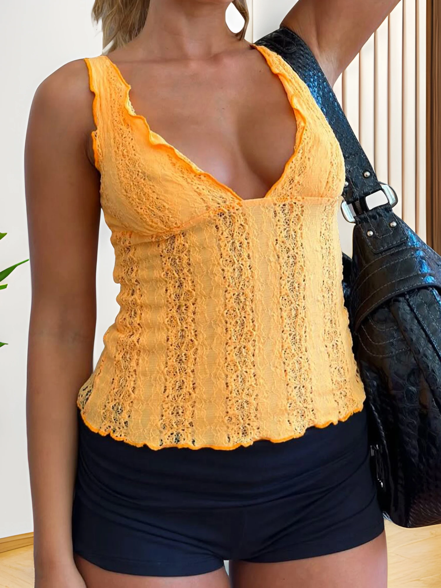 Damen-Tanktops mit floraler Spitze, ärmellos, V-Ausschnitt, ausgehöhlte Oberteile, Sommerhemden mit Rüschenbesatz am Saum