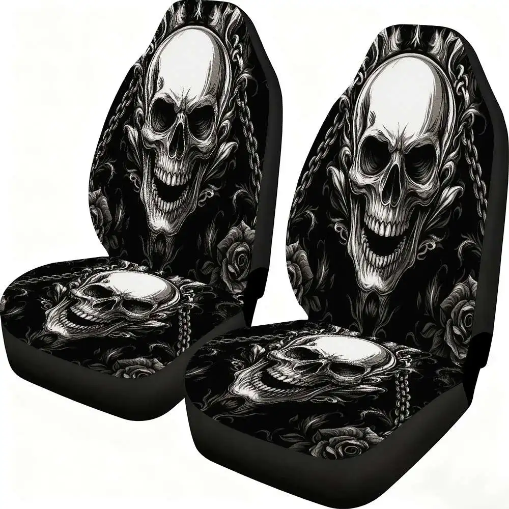 

2pcs Gothic Skull Car Seat Covers - High-Back Design With Intricate Floral & Skull Patterns, Durable Polyester, Fit For Cars, SU