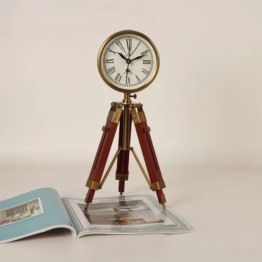 Vintage Tripod Table Clock, Metal Desktop Decor Ornament for Study Villa Model Room & Movie Shooting Prop