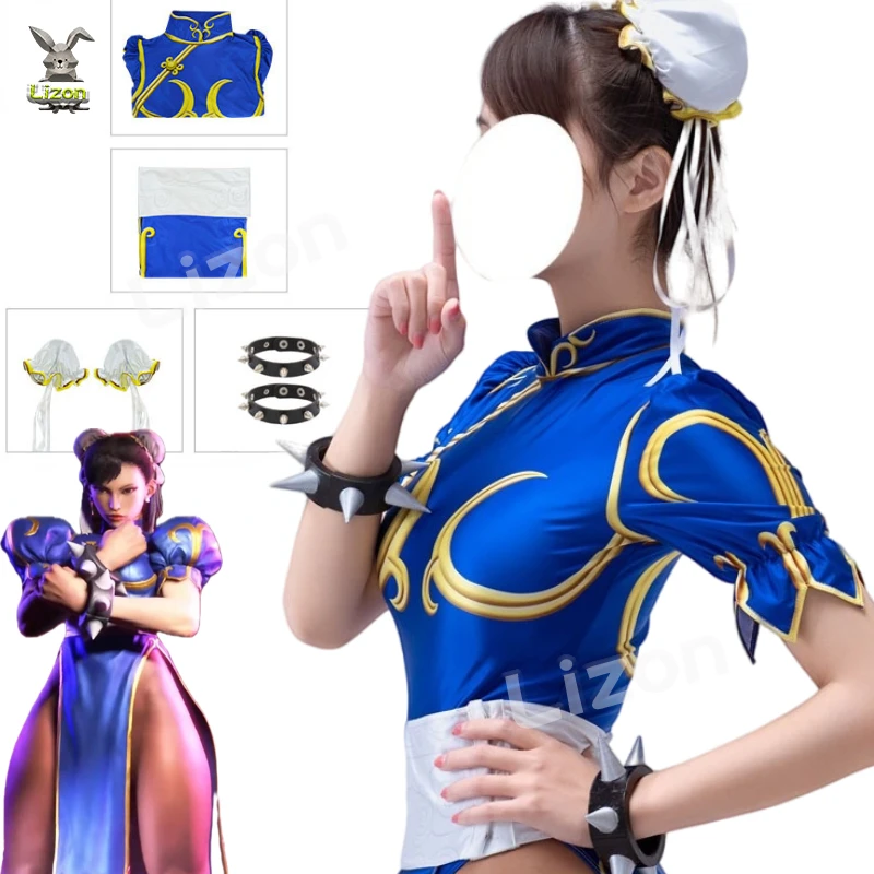 Anime Chun Li Cosplay Costume Dress Game Chunli Role Play Blue Qipao Outfit Full Set Jackie Kung fu Halloween Party Suit