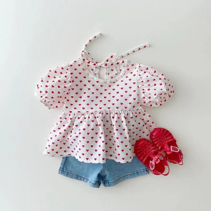 Q22080 Korean Summer Clothing for Girls Infant Small Children Pure Cotton Floral Sweet Cute Bubble Sleeve Lace Hem Short Sleeve