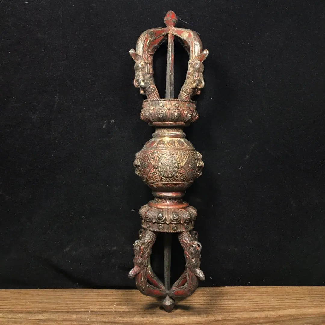 28cm Tibetan Bronze Carved Clay Gold Detached Gold Five legged Duojie Vajra Pestle Buddha Hall Decoration