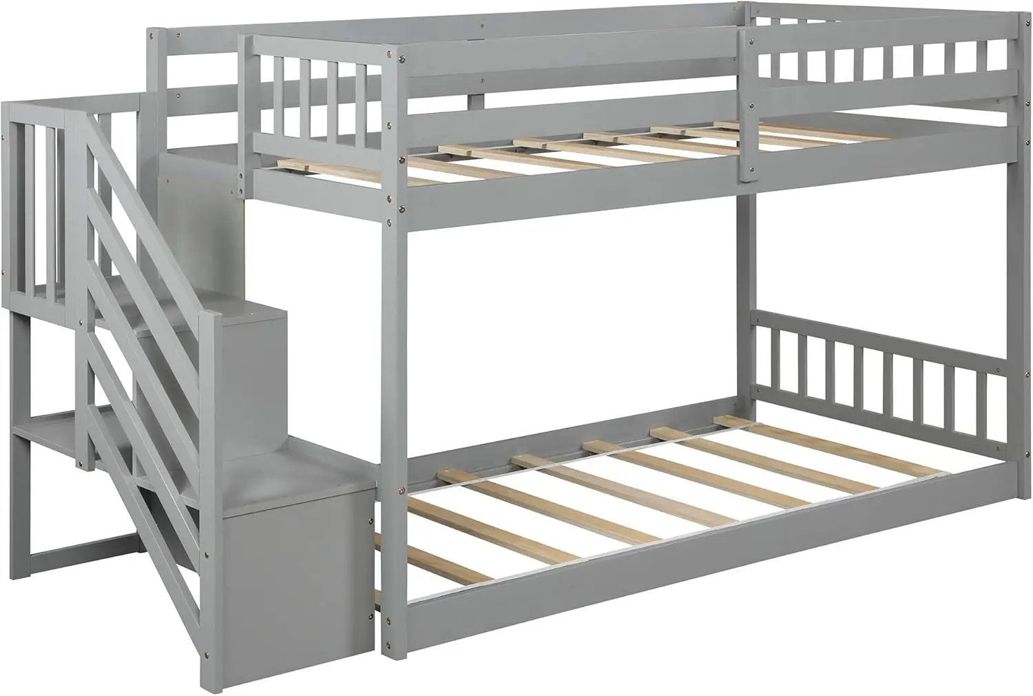 P PURLOVE Twin Over Twin Junior-Etagenbett mit Stauraumtreppe, Etagenbett mit Holzboden und Stauraum für Kinder und Teenager, Etagenbett