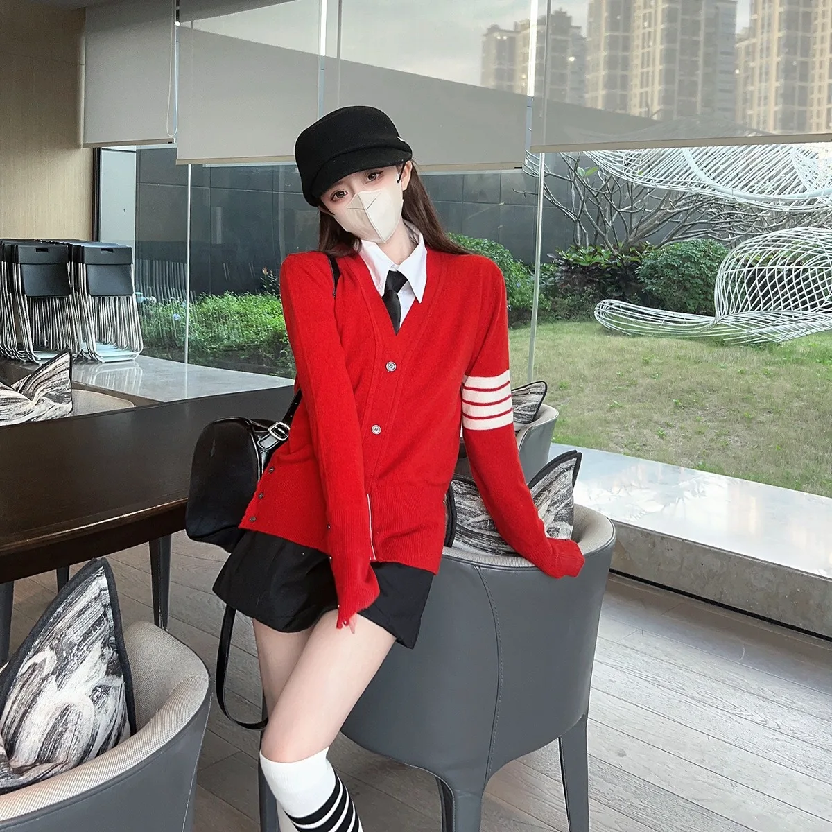 

New Year Special Red High-Defn Knitted Cardigan V-Ne Woolen Jaet Autumn 2023 Preppy Sle Women's Open-irt Knitwear