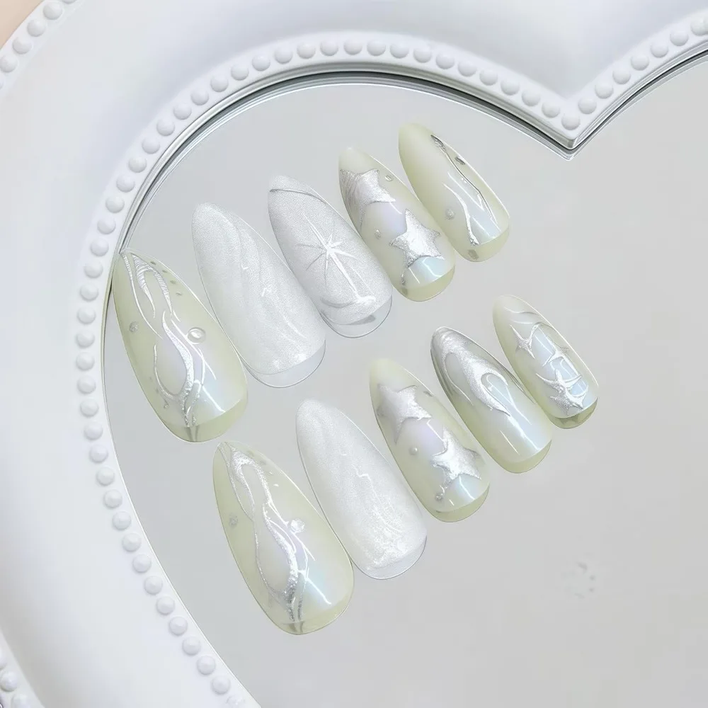 3D Milky White Silver Star Almond Press on Nails with Pearl Glossy Full Cover and Rhinestones for Wedding, Party, Daily DIY