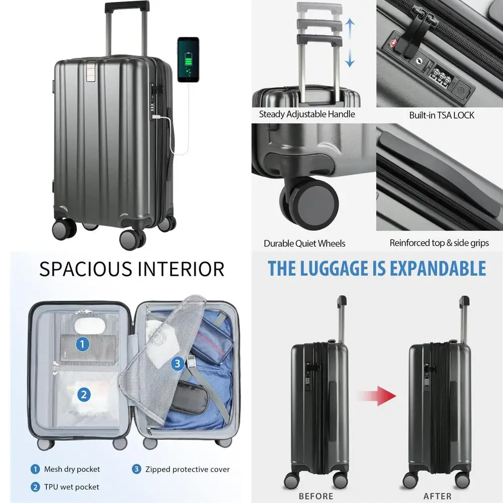 

Расширяемый чемодан-спиннер с твердой поверхностью и замком TSA, прочный чемодан на колесиках для путешествий с USB-портом, долговечная сумка для ручной клади