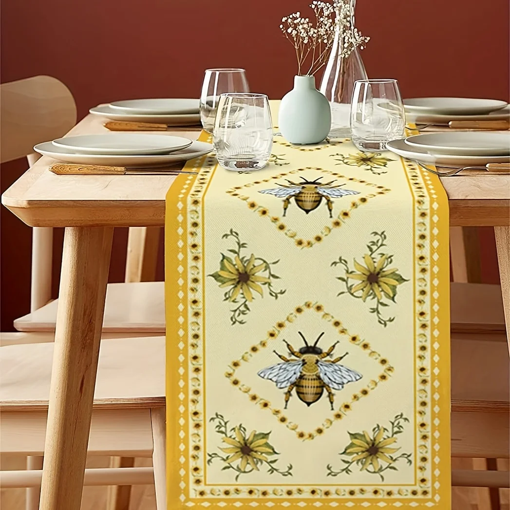1 Piece of Yellow Floral and Bee Pattern Table Runner, Suitable for Farmhouse, Indoor, Kitchen, Celebrations, Table Decoration, Restaurant, and Banquet Decoration Supplies