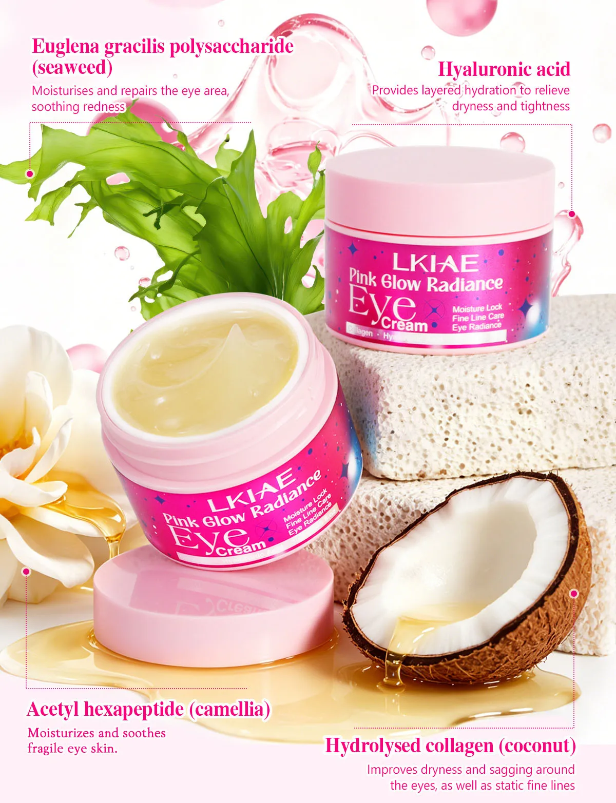 LKIAE Pink Glow Radiance Augencreme, Feuchtigkeitsspendend, Anti-Falten, Gegen Feine Linien, Dunkle Augenringe, Mit Hyaluronsäure, Kamelie, Kollagen – Detail 3