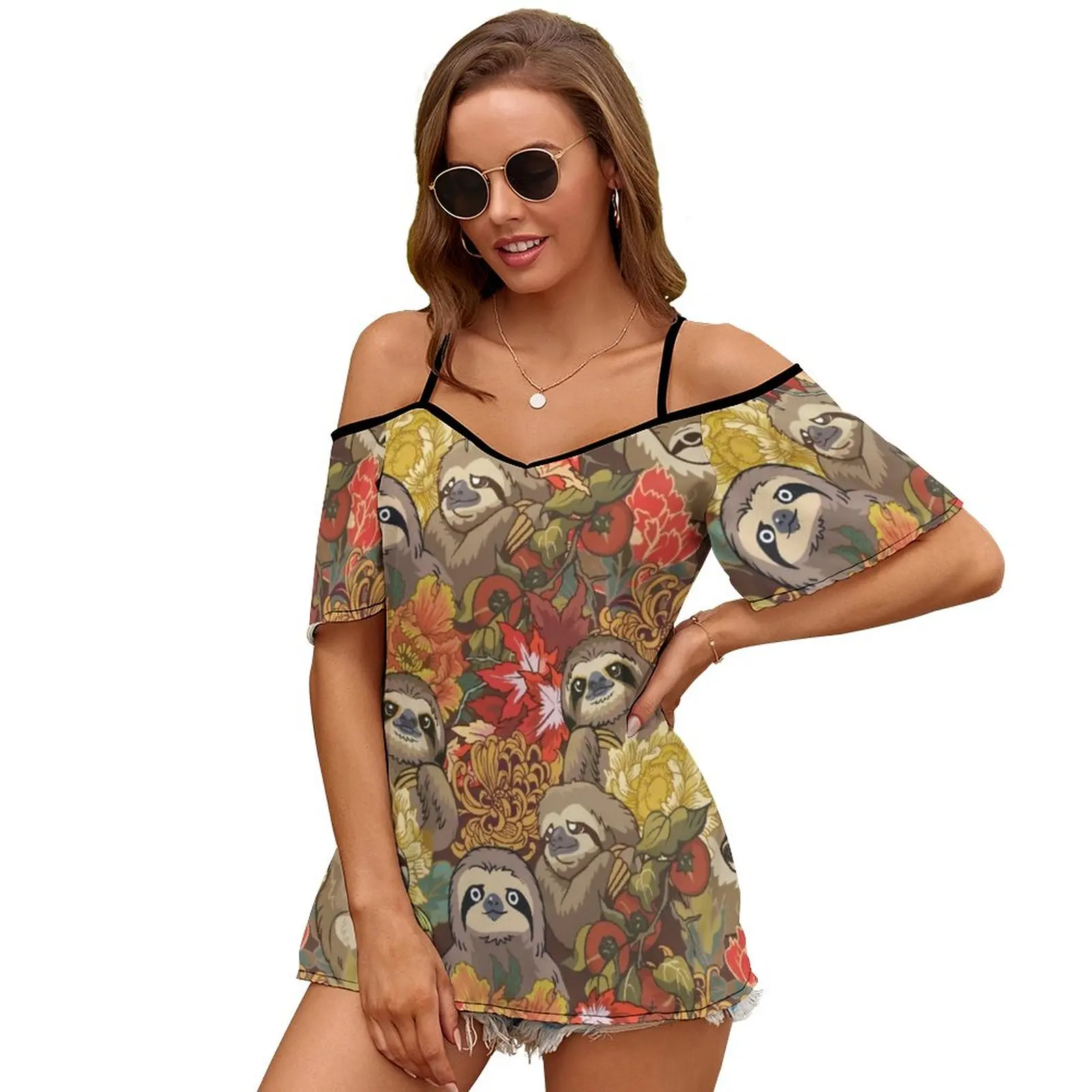 Weil Sloths Herbst Neue Mode Zip Off Schulter Top Kurze-Hülse Frauen Hemd Sloth Blume Herbst