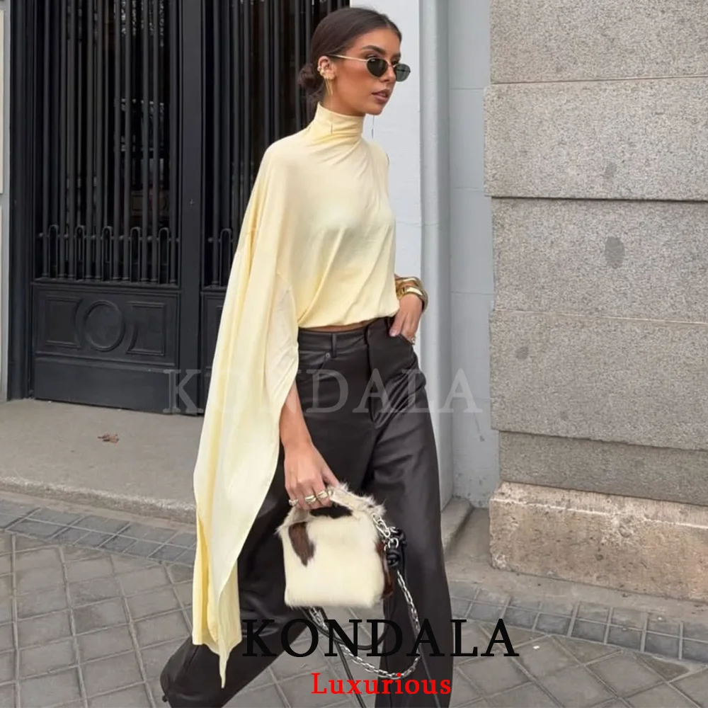 KONDALA Sexy Chic Yellow Y2K Girl Tops One Shoulder Long Sleeve Streetwear Tops Fashion 2026 Spring Summer Holiday Party Tops