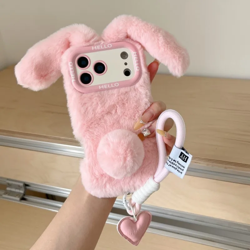 3D Cute Rabbit Ears Warm Furry Plush Bunny Phone Case With Lanyard For  iphone 17 pro max 15/14/16Plus 13/12/11 Pro max 16 Cover - AliExpress  202192403