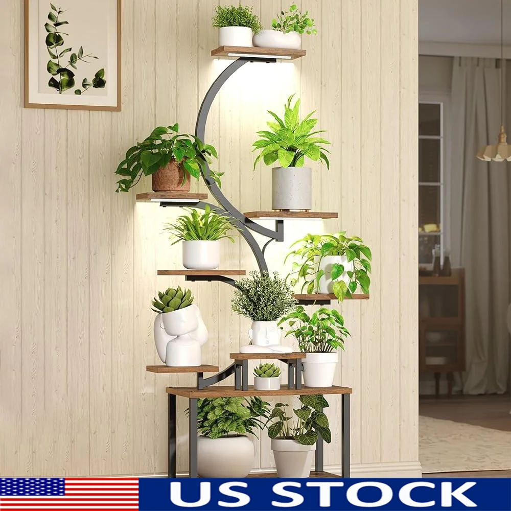 63 Inch Indoor Plant Stand with Grow Lights 9 Tiered Shelving Unit on Wheels Flower Display Rack Home Garden