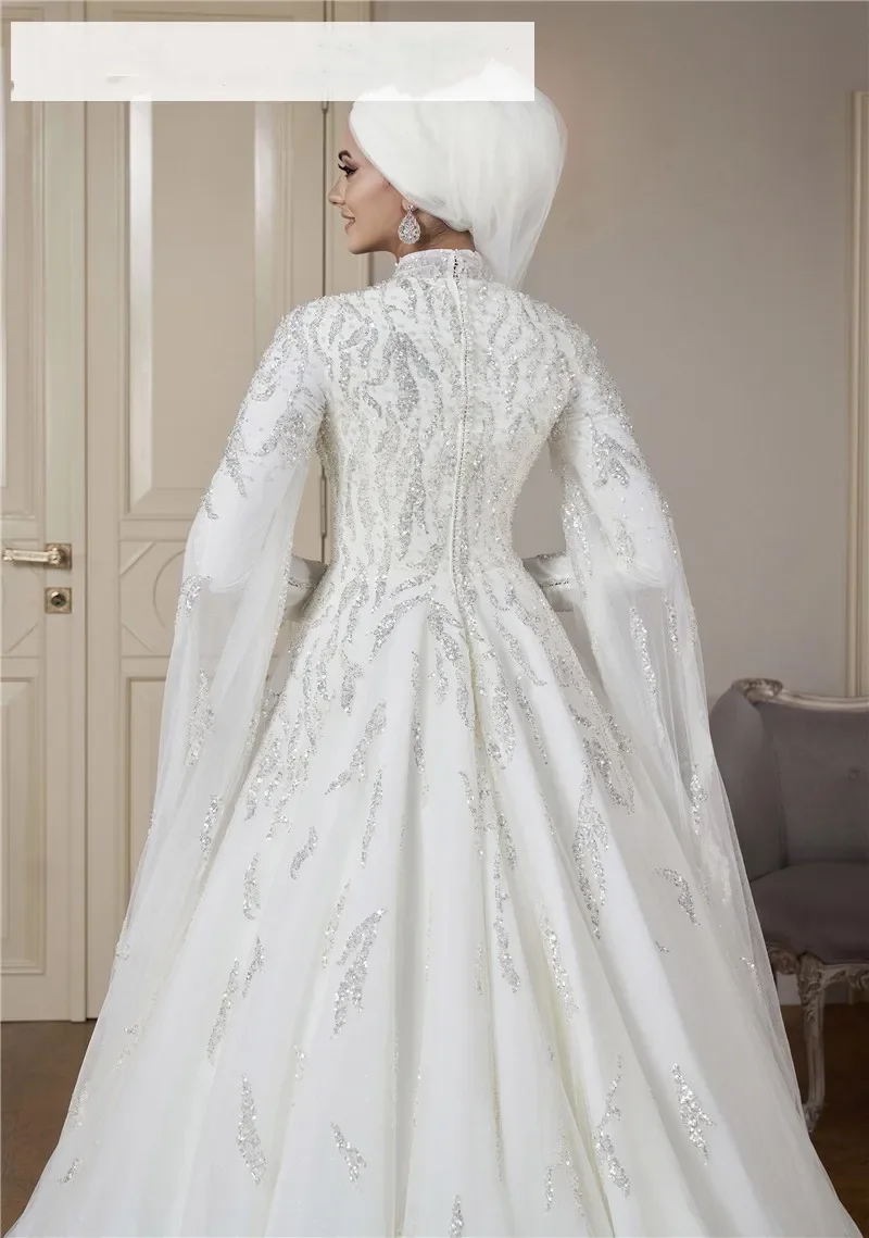 Vestido de casamento muçulmano luxo alta pescoço lantejoulas islâmico hijab vestido de noiva árabe dubai kaftan vestidos de novia festa personalizado