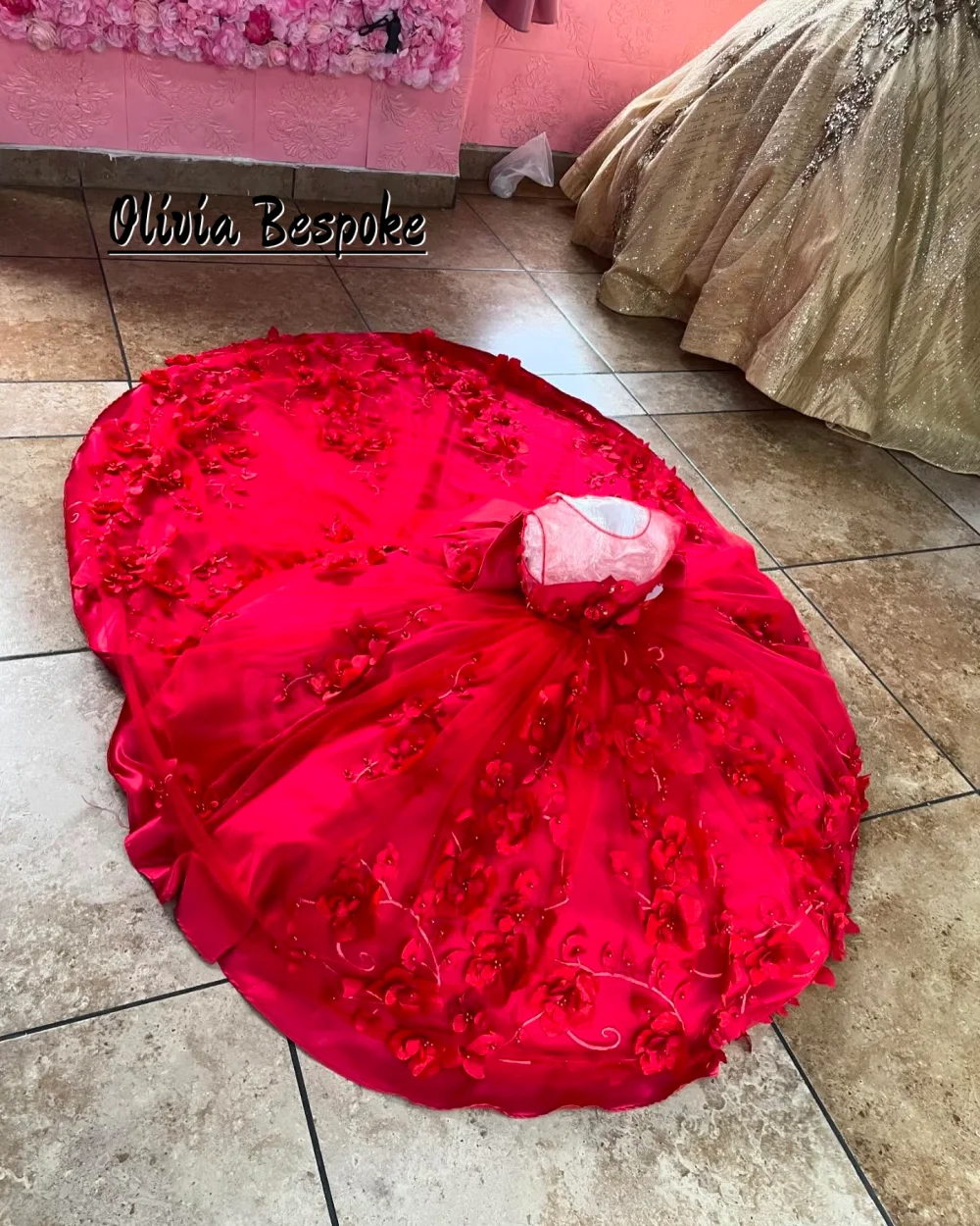 

Red Lace Flower Girls Dresses For Wedding Party O Neck 3D Flowers Train Princess Prom Dress Customizede