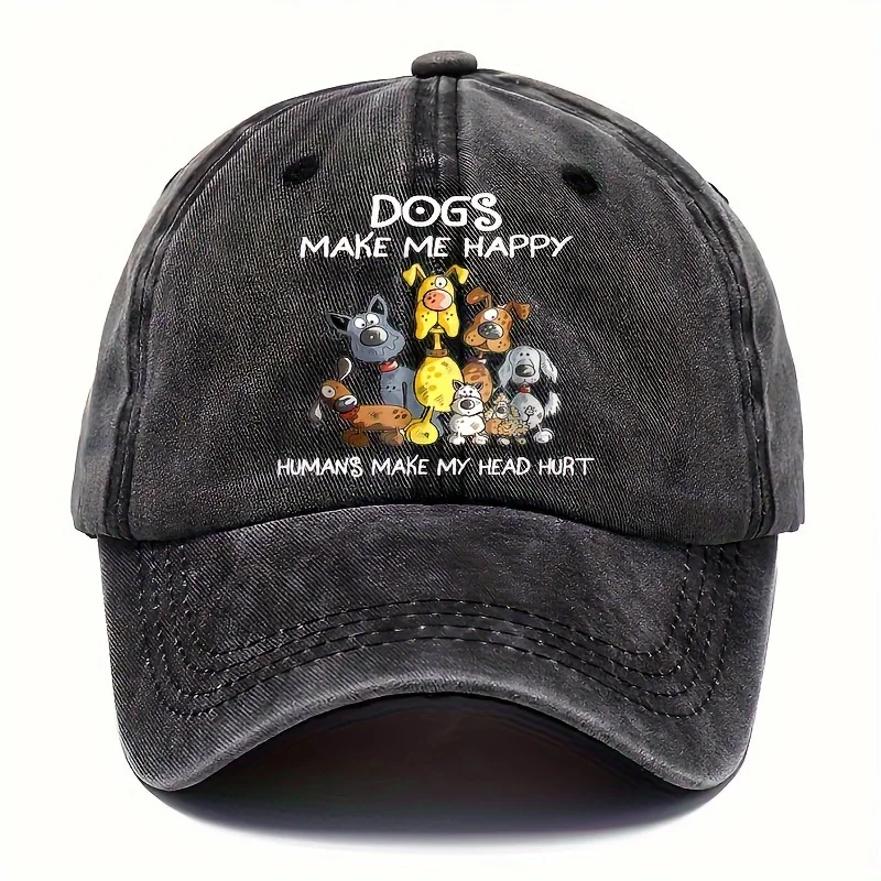 

Винтажная кепка-тракер с милыми щенками и надписью "Dogs Make Me Happy" — регулируемый дизайн с изображением пород собак (французский бульдог, бигль, ши-тцу)